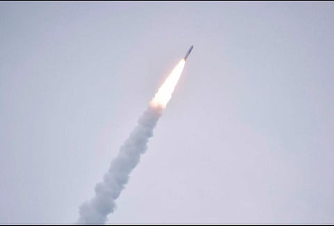The Epsilon rocket No. 6 takes off from the Uchinoura Space Center (USC) in Kimotsuki-gun, Kagoshima Prefecture on October 12, 2022. (Photo | AFP)