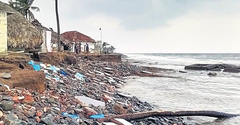 A geotube seawall, constructed in 2005 during YS Rajasekhara Reddy’s tenure, eroded six years ago. The wall provides coastal defence at canals and bays, minimizing eroding impact and helping in retain