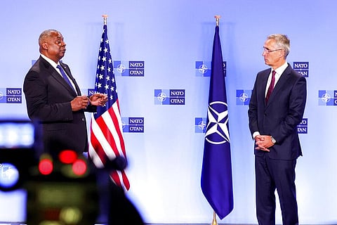 NATO Secretary General Jens Stoltenberg, right, and U.S. Secretary for Defense Lloyd J. Austin III participate in a media conference at NATO headquarters in Brussels. (Photo | AP)