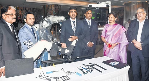 Dr Arun Kannan, (third from left) explaining knee-replacement using robotic arm at a presser. Also see are Dr Gopalkrishnan, Dr Kunal Patel, Dr Vijaykishore Kondreddy, Preetha Reddy, executive vice-ch
