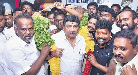 Finance Minister Palanivel Thiaga Rajan gets a warm welcome from DMK functionaries at MADITSSIA in Madurai on Thursday | Express