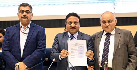 Chief Election Commissioner Rajiv Kumar, Sr. Deputy Election commissioner Nitish Vyas and Election Commissioner Anup Chandra Pandey announce the HP assembly election date. (Photo | Shekhar Yadav, EPS)