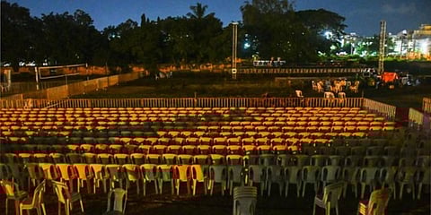 Arrangements are going on for CPI's 24th National Conference at MBVK stadium in Vijayawada.( Express photo | Prasant Madugula)