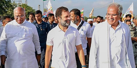 Congress leader Rahul Gandhi with party leaders Mallikarjun Kharge and Bhupesh Baghel during the party's 'Bharat Jodo Yatra', in Ballari, Saturday, Oct. 15, 2022. (Photo | PTI)