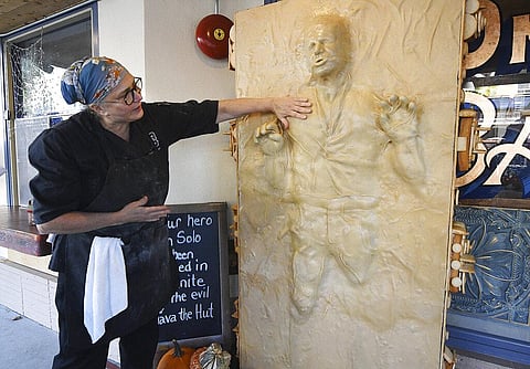 Catherine Pervan with the life-sized Han Solo of bread (Photo | AP)