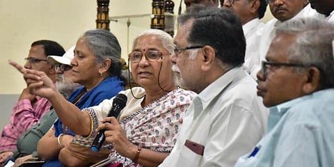 Social activist Medha Patkar and others at a meeting in Hyderabad on Saturday.