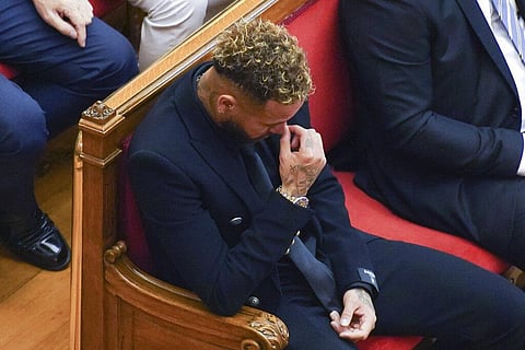Former FC Barcelona player Neymar who now plays for Paris Saint-Germain sits in court in Barcelona, Spain. (Photo | AP)