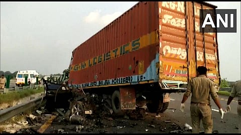 The BMW hit a container-truck coming from the opposite side in the collision near Sultanpur on October 14, 2022. (Photo | ANI Twitter)