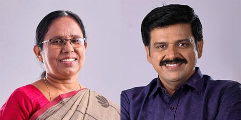 Former Kerala Health minister KK Shailaja and BJP leader Sandeep Warrier. (Photo | Facebook)