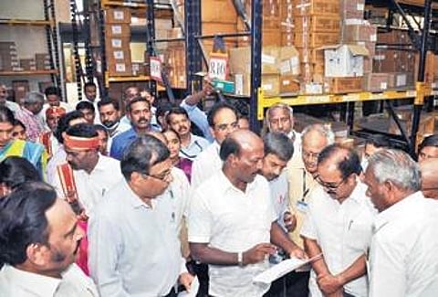 Health Minister Ma Subramanian inspects a government drug warehouse in Salem on Sunday | V Sakthi