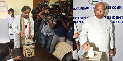 Congress presidential candidates Shashi Tharoor and Mallikarjin Kharge cast their votes on Ocober 17, 2022. (Photos | BP Deepu, EPS/ PTI)