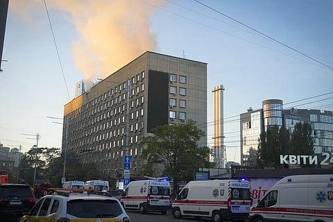 Smoke rises over the scene of Russian shelling in Kyiv, Ukraine after some explosions rocked in the early morning. (Photo | AP)