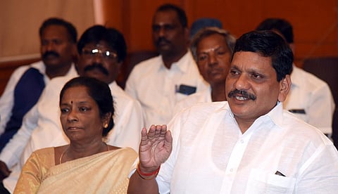 Airport Moorthy and Anti-Dravidan federation coordinators at a press meet at the Woodlands Hotel in Chennai. (Photo | R Satish Babu, EPS)