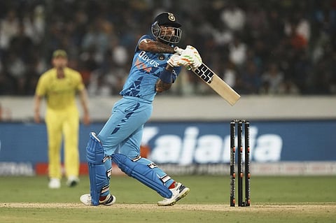 India's Suryakumar Yadav bats during the third T20 cricket match between India and Australia, in Hyderabad. (Photo | AP)