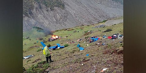 Rescue work underway after a helicopter carrying pilgrims crashed near Kedarnath in Uttarakhand, Tuesday, Oct 18, 2022. (Photo | PTI)