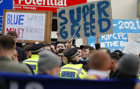 Chelsea fans protest against Chelsea's decision to be included amongst the clubs attempting to form a new European Super League. (File Photo | AP)
