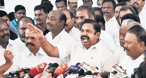 AIADMK leader Edappadi K Palaniswami speaks to the media after he and his supporters were evicted from the Assembly on Tuesday | P Jawahar