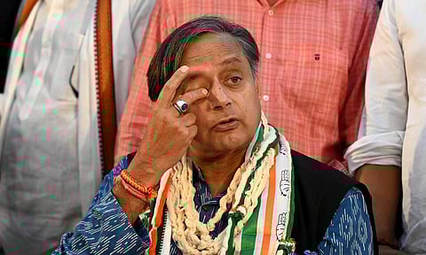 Shashi Tharoor addresses the press after his loss to Mallikarjun Kharge in the Congress presidential election. (Photo | Shekhar Yadav, EPS)