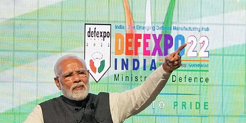IPrime Minister Narendra Modi addresses during the inauguration of DefExpo 22, in Gandhinagar. (Photo | PTI)