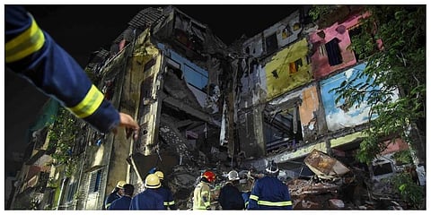 Rescue work underway after a 4-stoery building collapsed at Bonkode Gaon, Navi Mumbai. (Photo |PTI)