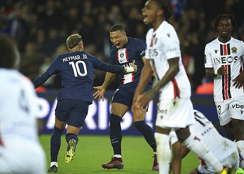 PSG's Kylian Mbappe celebrates after scoring his side's second goal during the French League One soccer match between Paris Saint-Germain and Nice at the Parc des Princes in Paris. (Photo | AP)