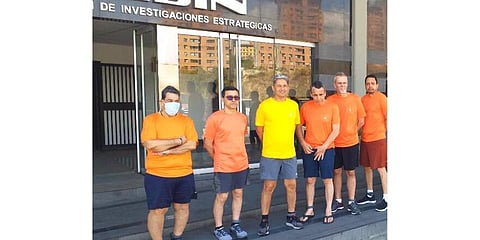 L-R: CITGO oil executives Jose Angel Pereira, Gustavo Cardenas, Jorge Toledo, Jose Luis Zambrano, Tomeu Vadell and Alirio Jose Zambrano in Caracas. (Photo | AP)