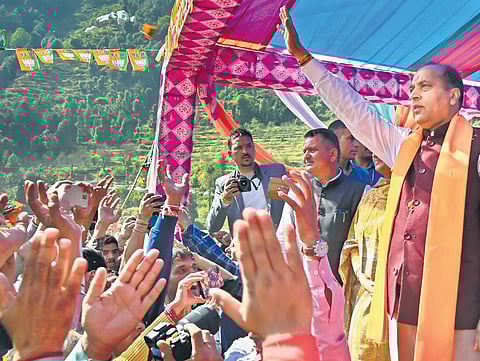 Himachal Pradesh CM Jairam Thakur addresses supporters before filing his nomination from Seraj for Assembly polls, in Mandi district, on Wednesday | PTI