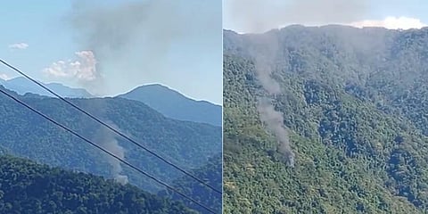 Fire rising from the site of the military chopper crash in Arunachal Pradesh on October 21, 2022. (Screengrabs)