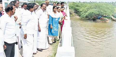 Environment Minister Siva V Meyyanathan inspecting Kollidam river near Sirkazhi on Thursday | Express