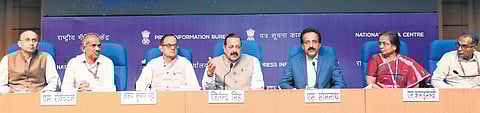 Union Minister Dr Jitendra Singh briefs the media about the upcoming conference in New Delhi on Thursday. Also seen are Secretaries of different Science Ministries in Government of India. (Photo | EPS
