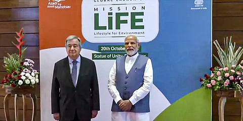 Prime Minister Narendra Modi with United Nation Secretary-General Antonio Guterres at the global launch of Mission LiFE, in Kevadia, Thursday, Oct. 20, 2022.(Photo | PTI)