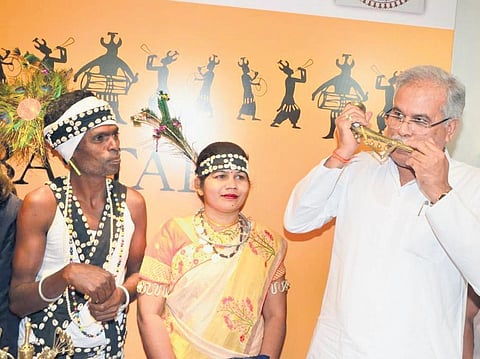 Chhattisgarh CM Bhupesh Baghel announces National Tribal Dance Festival to be held at Raipur, at a conclave held at Kiran Nadar Museum of Art, New Delhi, on Friday. (Photo | Express)