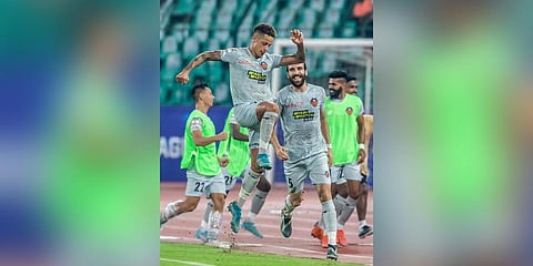 FC Goa players celebrate their win over Chennaiyin FC at the Jawaharlal Nehru Stadium in Chennai on Friday. (Photo | Twitter/Indian Super League)