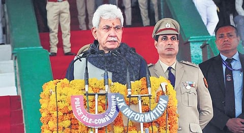 J&K Lieutenant Governor Manoj Sinha speaks after a parade to mark the Police Commemoration Day in Srinagar on Friday. (Photo | Zahoor Punjabi)