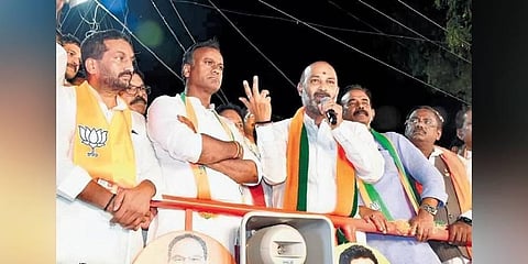 BJP State president Bandi Sanjay addresses a gathering while campaigning for saffron party candidate Komatireddy Rajagopal Reddy at Narayanapur on Friday