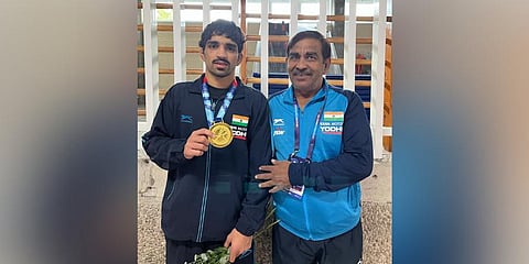 Aman Sehrawat is the first wrestler from India to win a gold medal at the U-23 World Wrestling Championships in Pontevedra, Spain. (Photo | Sports Authority of India Twitter)
