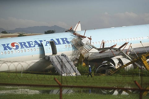 Damaged Korean Air plane at the Mactan-Cebu International Airport in Cebu, central Philippines after it overshot the runwayearly on October 24, 2022 | AP