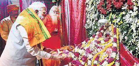 Prime Minister Narendra Modi worships Lord Ramlala Virajman in Ayodhya on Sunday. (Photo | PTI)