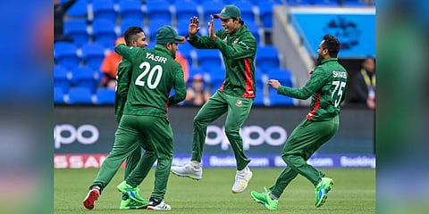 Bangladesh's players during their T20 World Cup 2022 cricket match against Netherlands, at Bellerive Oval in Hobart, Australia, Monday, Oct. 24, 2022. (PTI Photo)