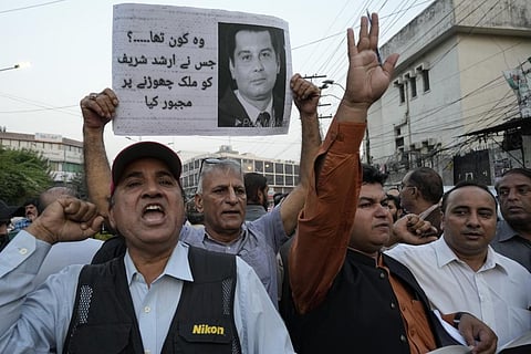 Journalists hold a demonstration to condemn the killing of senior Pakistani journalist Arshad Sharif by Kenyan police, in Lahore, Pakistan, Monday, Oct. 24, 2022. (Photo | AP)