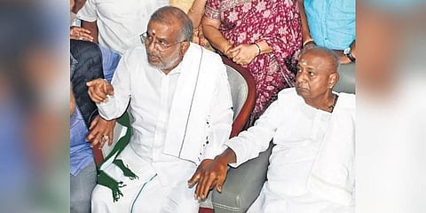 JDS supremo HD Deve Gowda with former minister GT Devegowda in Mysuru recently | Express