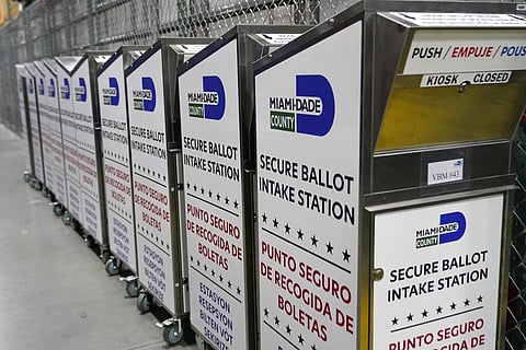Ballot boxes are lined up as employees test voting equipment at the Miami-Dade County Elections Department in Florida ahead of the 2022 midterm elections, Oct. 19, 2022. (File Photo|AP)