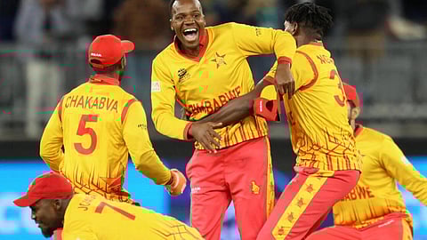 Zimbabwe's players celebrate their victory over Pakistan. (Photo | AFP)