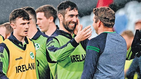 Ireland’s Captain Andrew Balbirnie (C) celebrates their win over England . (Photo| AFP)
