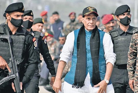 Defence Minister Rajnath Singh attends the ‘Shaurya Diwas’ celebrations in Srinagar on Thursday. (Photo | Zahoor Punjabi, EPS)