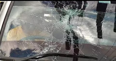 A damaged car in the public rally that turned violent in Meghalaya.