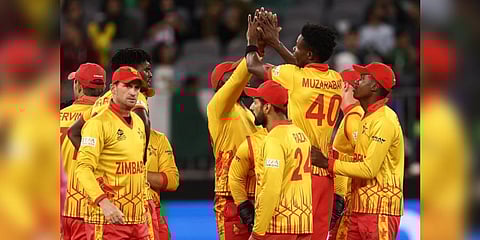 Players of Zimbabwe during their ICC Men's T20 World Cup cricket match against Pakistan, at Perth Stadium, Australia on October 27, 2022 | PTI