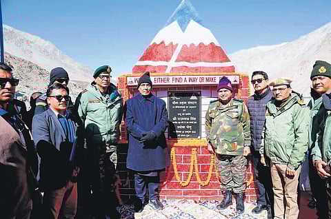 Union Defence Minister Rajnath Singh inaugurates Class 70 Shyok Setu at an altitude of 14,000 feet on D-S-DBO Road in Ladakh. (Photo | PTI)