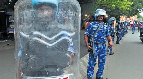 Rapid Action Force personnel manning a street in Puducherry on Sunday | Sriram R