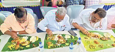CPI general secretary D Raja (centre) and senior leaders C Divakaran and K E Ismail have lunch during the CPI state conference at Tagore Theatre in Thiruvananthapuram on Sunday | B P Deepu